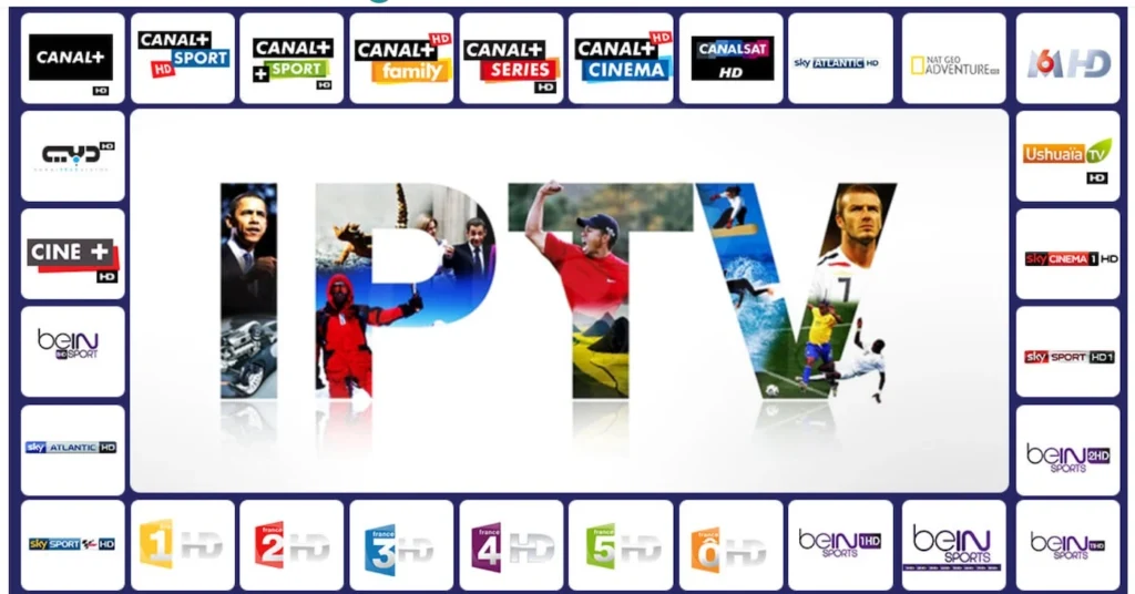 Image IPTV France montrant les chaînes françaises, Canal+, beIN Sports, Ciné+, HD et sports via Pure IPTV